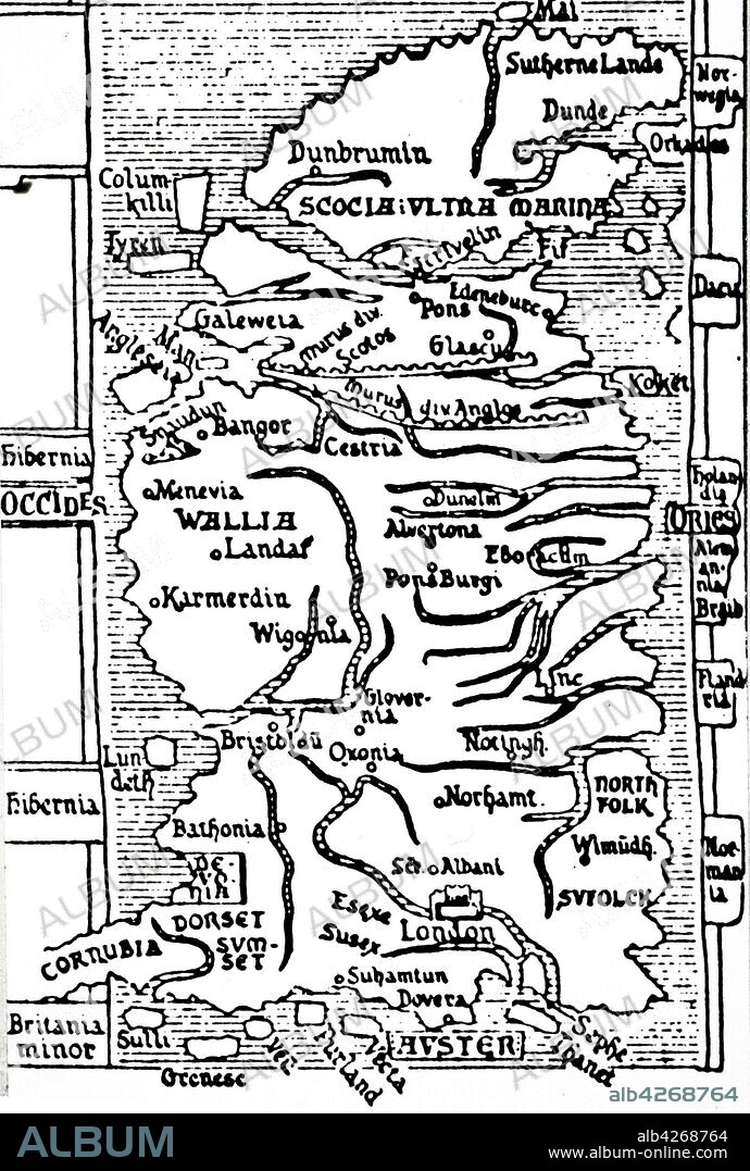 A map of 13th-century Britain by Matthew Paris. Matthew Paris (1200-1259) a Benedictine monk, English chronicler, artist and cartographer. Dated 13th century.