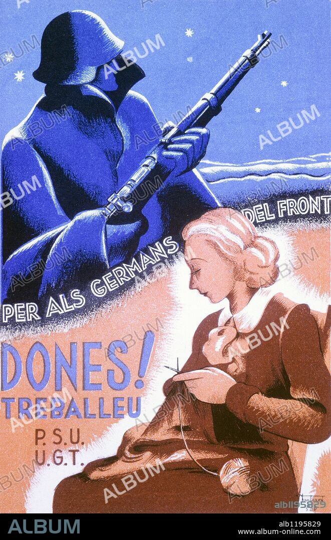 Cartel "Dones treballeu". Obra de Carlos Fontseré. Editado en Barcelona por P.S.U.-U.G.T. Secretariado de Agitación y Propaganda. Año 1936. Zona Republicana. Guerra civil 1936-1939.