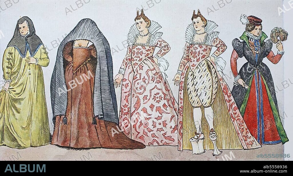 Mode, Kostüme, Kleidung in Italienisch unter spanischer Mode um 1590-1610, von links, römische Kurtisane um 1590, ehrbare, elegante, unverheiratete Venezianerin in verschleiernder Straßenkleidung um 1590, einmal die Kurtisane in schwerem Seidendamastkleid und einmal mit hochgeschlossenem Kleid, und eine Dame aus Ferrara um 1590, digitale verbesserte Reproduktion nach einem Original aus dem Jahr 1900.