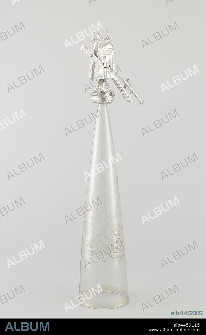 Windmill glass Mole glass with the arms of Stadholder Prince Maurits and Bergen op Zoom, high, funnel-shaped chalice of a flute glass mounted under a silver mill. Along the rim of the chalice a band of blown gold leaf. On the chalice are engraved the coat of arms of Stadholder Prince Maurice, the coat of arms of the city of Bergen op Zoom and a truncated tree, from which left a branch sprouts with five orange apples and on the right a young shoot with three orange apples. To the left of the tree is the motto of Prince Maurice 'JE MAINTIENDRAY NASSAU' and to the right his motto 'TANDEM FIT SURCULUS ARBOR'. Between the two arms the year 1595. Below the representation a braided border, on which stylized fruit and flower festoons hang. A low mountain can be seen between two of the festivals. The silver mill is dated 1685 and bears the inscription 'TIS AL VOL' and along the lower edge 'Elck Wacht Sijn Ghebuerte', windmill, armorial bearing, heraldry, Bergen op Zoom, Maurits (Prince of Orange), anonymous, Nederlanden, 1595 and/or 1685, glass, silver (metal), glassblowing, h 39.9 cm w 7.7 cm d 9.9 cm.