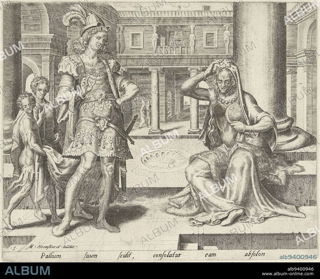 Tamar is sitting in the street under a pillar, spreading dust on her head and tearing her multicolored robe, because she has been raped by Amnon. Her brother Absalom seeks her out, followed by two servants, and instructs her to keep silent about the incident, Absalom addresses the wailing Tamar History of Tamar and Amnon , print maker: Philips Galle, Maarten van Heemskerck, (mentioned on object), publisher: Hieronymus Cock, print maker: Haarlem, publisher: Antwerp, 1559, paper, engraving, h 200 mm × w 246 mm.