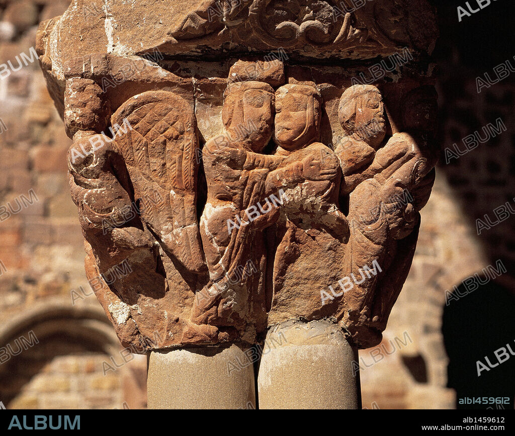 Monastery of San Juan de la Pena. Relief of a capital depicting The Visitation. Romanesque Cloister. Aragon. Spain.