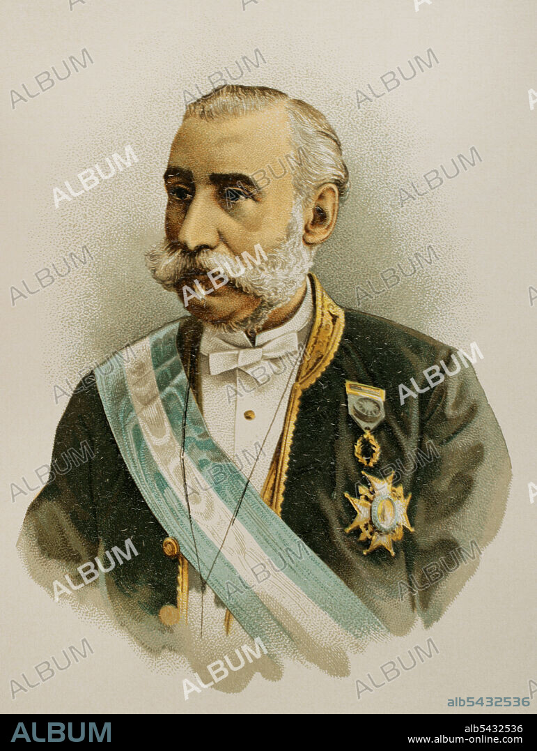 Manuel Alonso Martínez (1827-1891). Spanish jurist and politician, and the principal redactor of the Spanish Civil Code. President of the Congress of Deputies in 1889. Minister of Public Works, Finance and Justice and Grace. Portrait. Chromolithography. "Historia General de España" (General History of Spain), by Miguel Morayta. Volume VIII. Madrid, 1894.