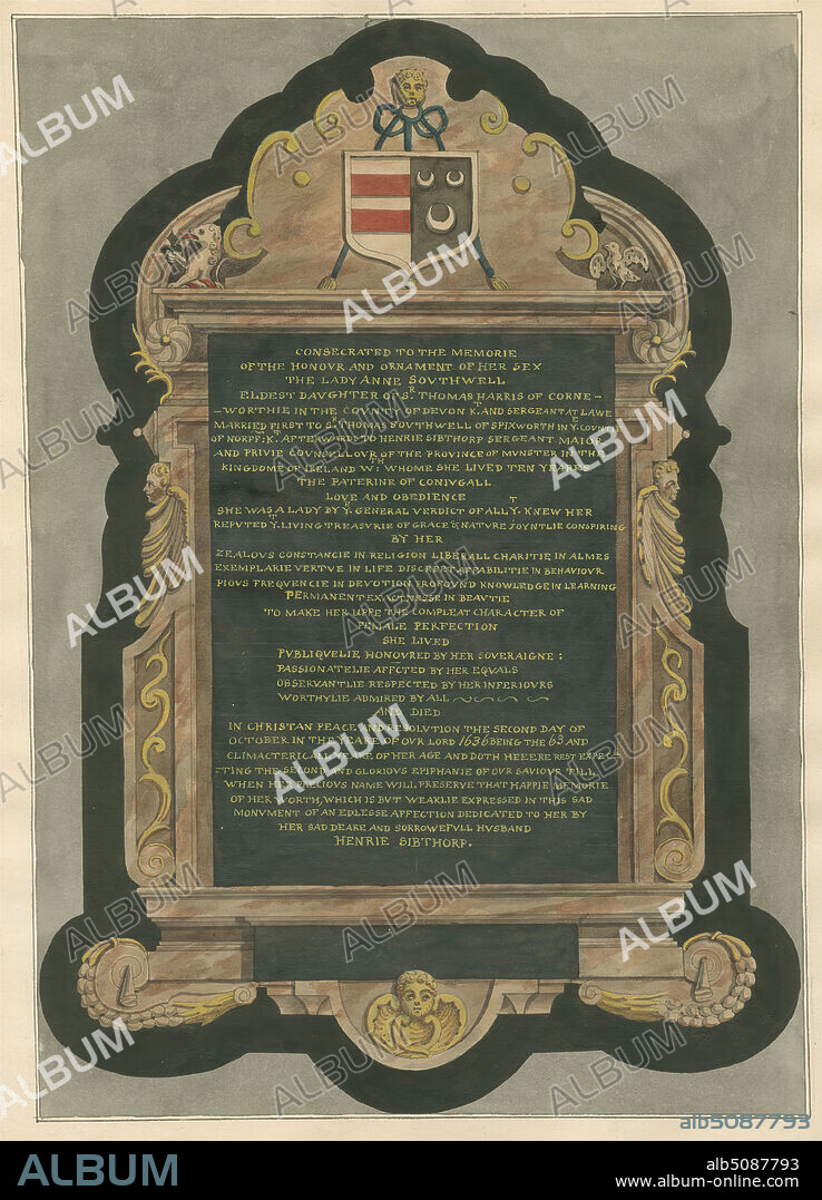 Memorial of the Lady Anne Southwell from Acton Church, Attributed to Daniel Lysons, 17621834, British, between 1796 and 1811, Pen and black ink, watercolor and gouache on medium, slightly textured, cream wove paper, Sheet: 15 × 10 7/8 inches (38.1 × 27.6 cm), architectural subject, church, memorial, Acton, England, Greater London, London, St Mary's Church, United Kingdom.