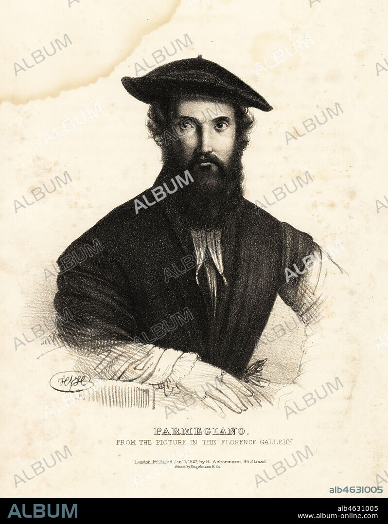 Girolamo Francesco Maria Mazzola, Francesco Mazzola or Parmigianino, Italian Mannerist painter, 1503-1540. From the picture in the Florence Gallery. Lithograph after a drawing by HVH from Portraits of the most celebrated painters of all the schools, Ackermann, London, 1828.