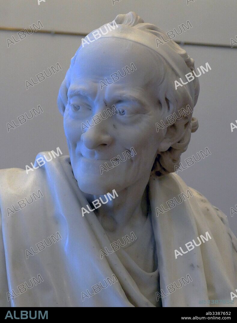Marble statue of the French philosopher, Voltaire 1781, by Jean-Antoine Houdon (1741 - 1828) a French neoclassical sculptor. Francois-Marie Arouet (1694 - 1778), known by his nom de plume Voltaire, was a French Enlightenment writer, historian, and philosopher famous for his wit, his attacks on the established Catholic Church, and his advocacy of freedom of religion, freedom of speech, and separation of church and state.