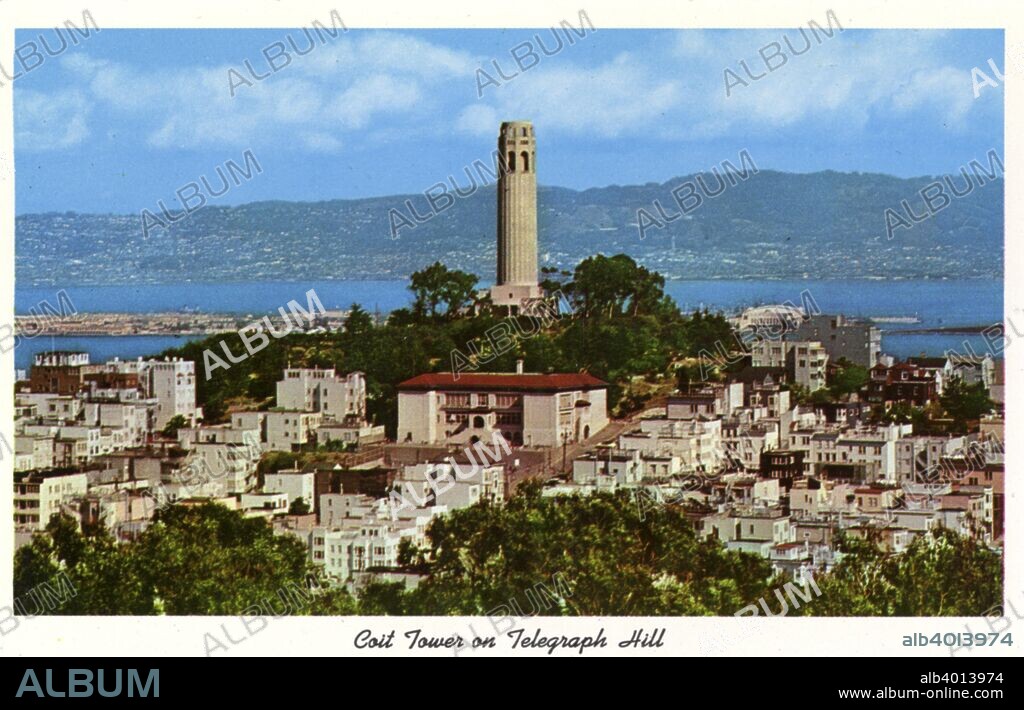 Coit Tower on Telegraph Hill, San Francisco, California, USA, 1957. Vintage postcard showing Coit Tower on Telegraph Hill overlooking the Bay with spectacular views of the city. The 210 foot high reinforced concrete Art Deco tower was built in 1933 at the bequest of Lillie Hitchcock Coit, a famous San Francisco volunteer firefighter. The architects were Arthur Brown Jr and Henry Howard.