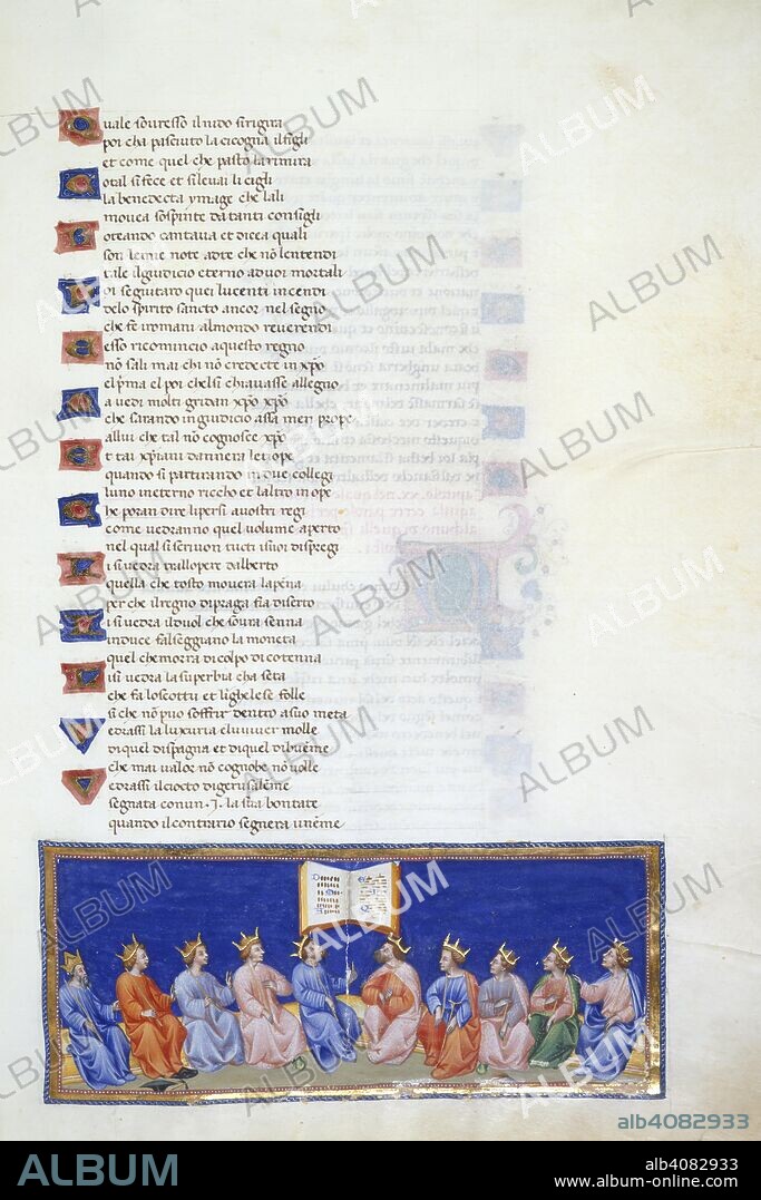 DANTE ALIGHIERI. Paradiso, Canto, XIX. Heaven of Jupiter. Miniature shows ten crowned heads who have been condemned by the eagle, including Albert of Austria, Philip IV of France and Charles II of Naples. Above them is the Book of Judgement. Divine Comedy. Italy [Tuscany]; circa 1450. Source: Yates Thompson 36, f.163. Language: Italian.