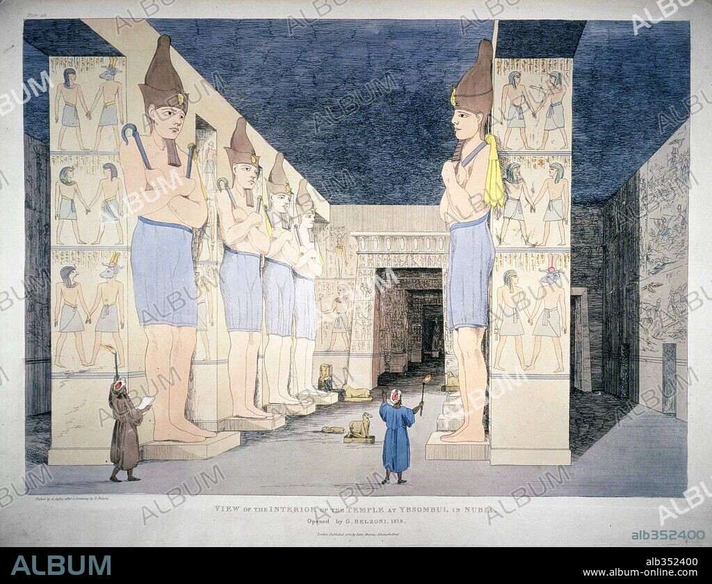 GIOVANNI BATTISTA BELZONI. Interior of Temple at Abu Simbel, Nubia, Egypt. Painted in 1822, colour engraving.
