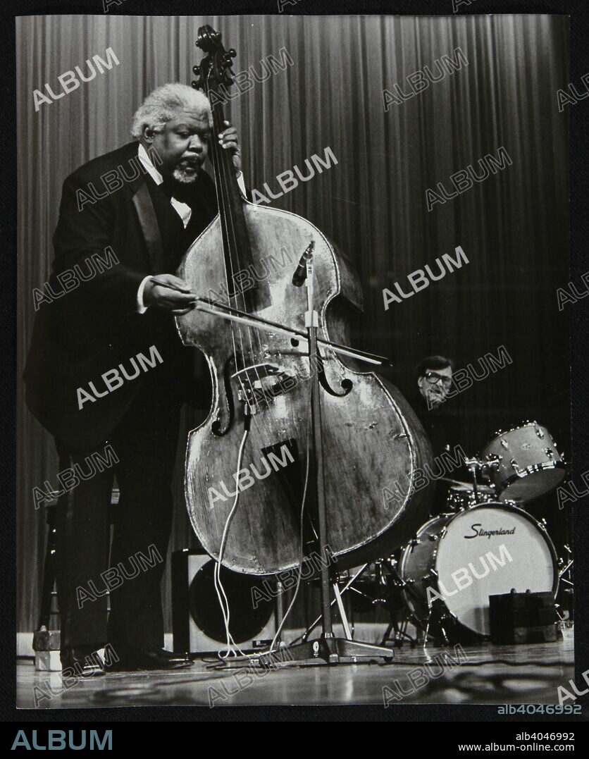 Arvell Shaw (double bass) and Barrett Deems (drums) on stage, Stevenage, Hertfordshire, 1984. Both musicians worked with Louis Armstrong during their careers.