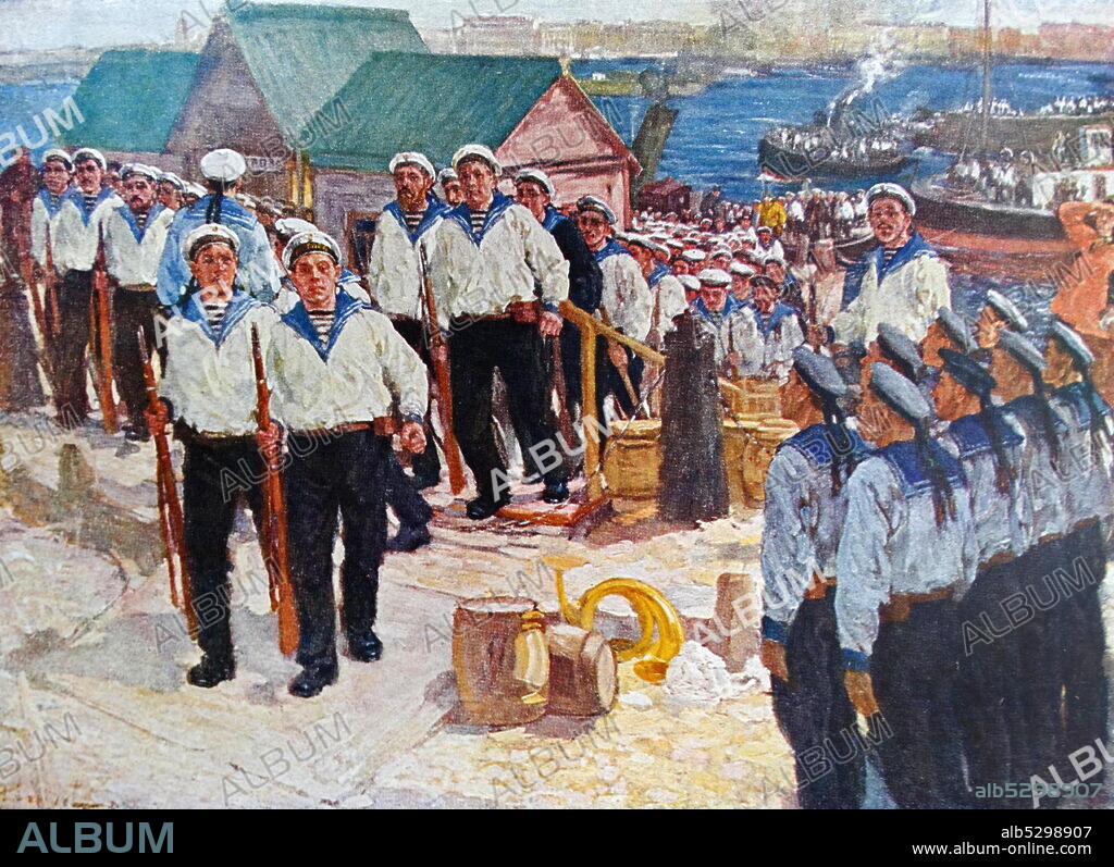Illustration showing the Kronstadt Rebellion or Kronstadt mutiny of 1921. This insurrection by Soviet sailors, soldiers and civilians of the port city of Kronstadt against the Bolshevik government, was the last major revolt against the Bolshevik regime on Russian territory during the Russian Civil War that ravaged the country. The revolt began on March 1, 1921 in the city's naval fortress, located on the island of Kotlin in the Gulf of Finland. For sixteen days, the rebels rose in opposition to the Soviet government they had helped to consolidate.