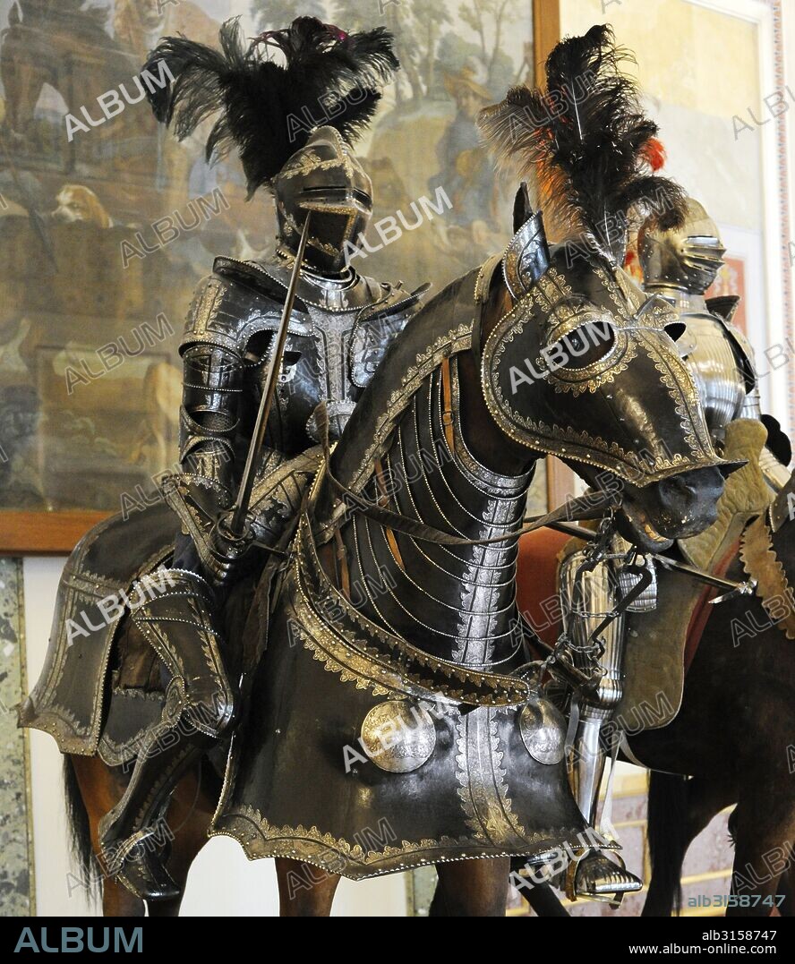 The State Hermitage Museum. The Knights' Hall. Knights in armor on horseback. 16th century. Saint Petersburg. Russia.