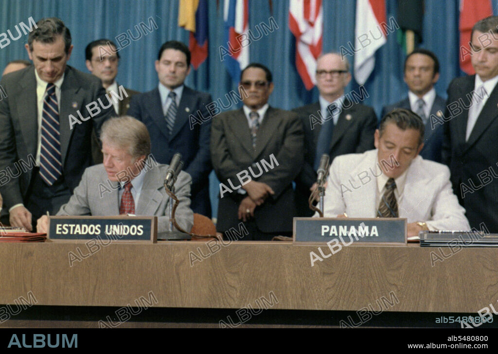 Jimmy Carter and Omar Torrijos signing the Panama Canal Treaty. circa  06/16/1978.
