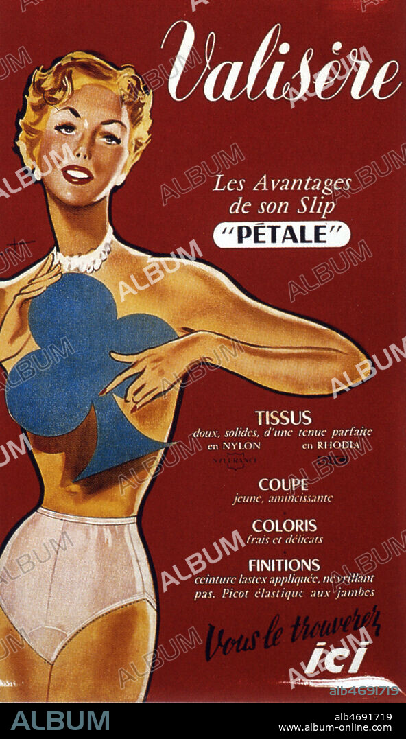'Les avantages de son slip Petale'. Publicite de 1953 pour la lingerie VALISERE illustree par BRENOT (1913-1998)(ADAGP). Credit : Collection KHARBINE-TAPABOR.