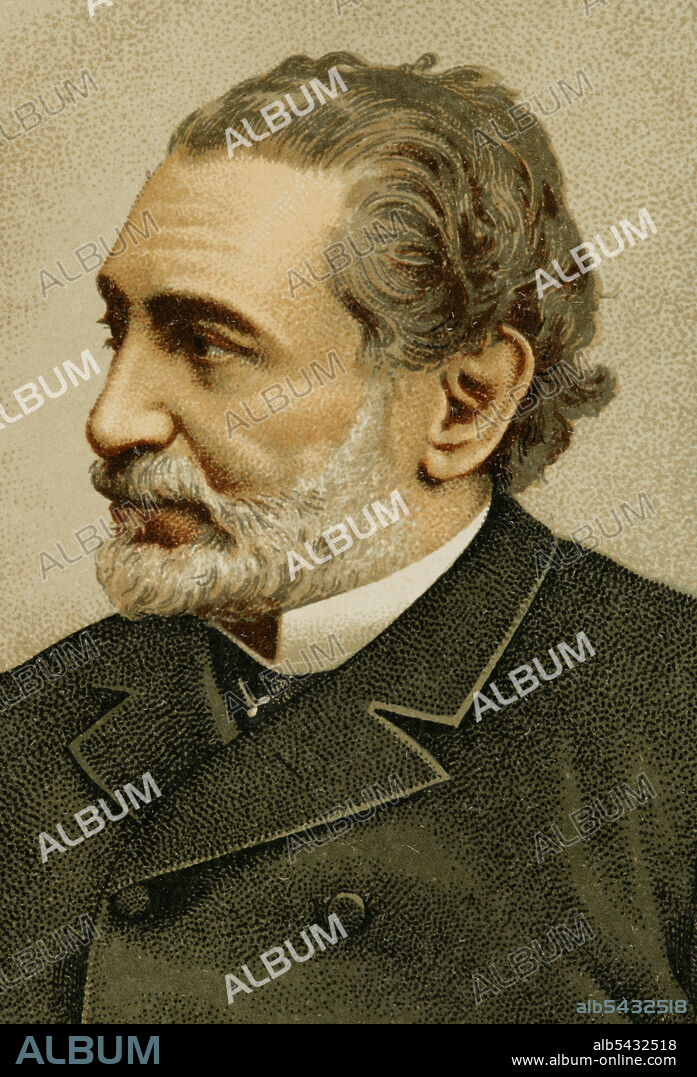 Práxedes Mateo Sagasta (1825-1903). Político español. Jefe del Partido Liberal-Progresista. Presidente del Consejo de Ministros en diversas ocasiones entre 1870 y 1902. Retrato. Cromolitografía. Historia General de España, por Miguel Morayta. TomoVIII. Madrid, 1894.