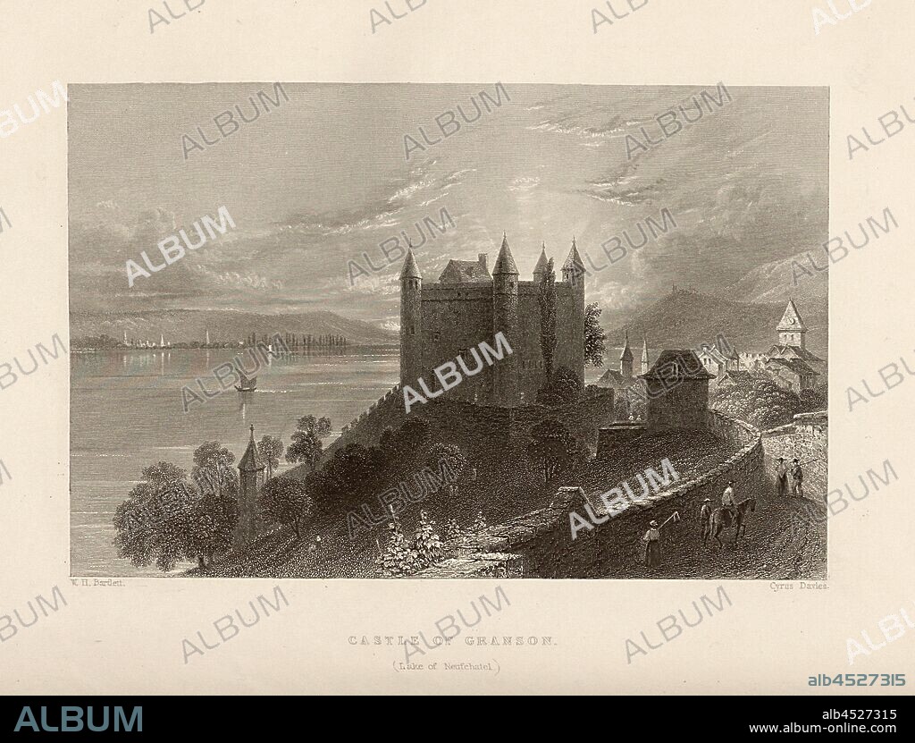 Castle of Granson. (Lake of Neufchatel), Grandson Castle on Lake Neuchâtel, Signed: W. H. Bartlett, Cyrus Davies, Plate 39, to p. 140 (Vol. 2), Bartlett, William Henry; Davies, Cyrus, 1836, William Beattie, Switzerland. London: Virtue, 1836.