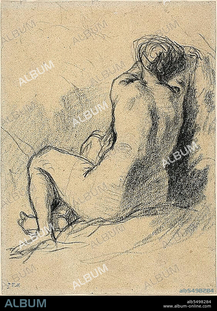 JEAN FRANCOIS MILLET. Study: Nude Woman Seen from the Back (recto) Sketches of Peasants Working (verso), c. 1846.
