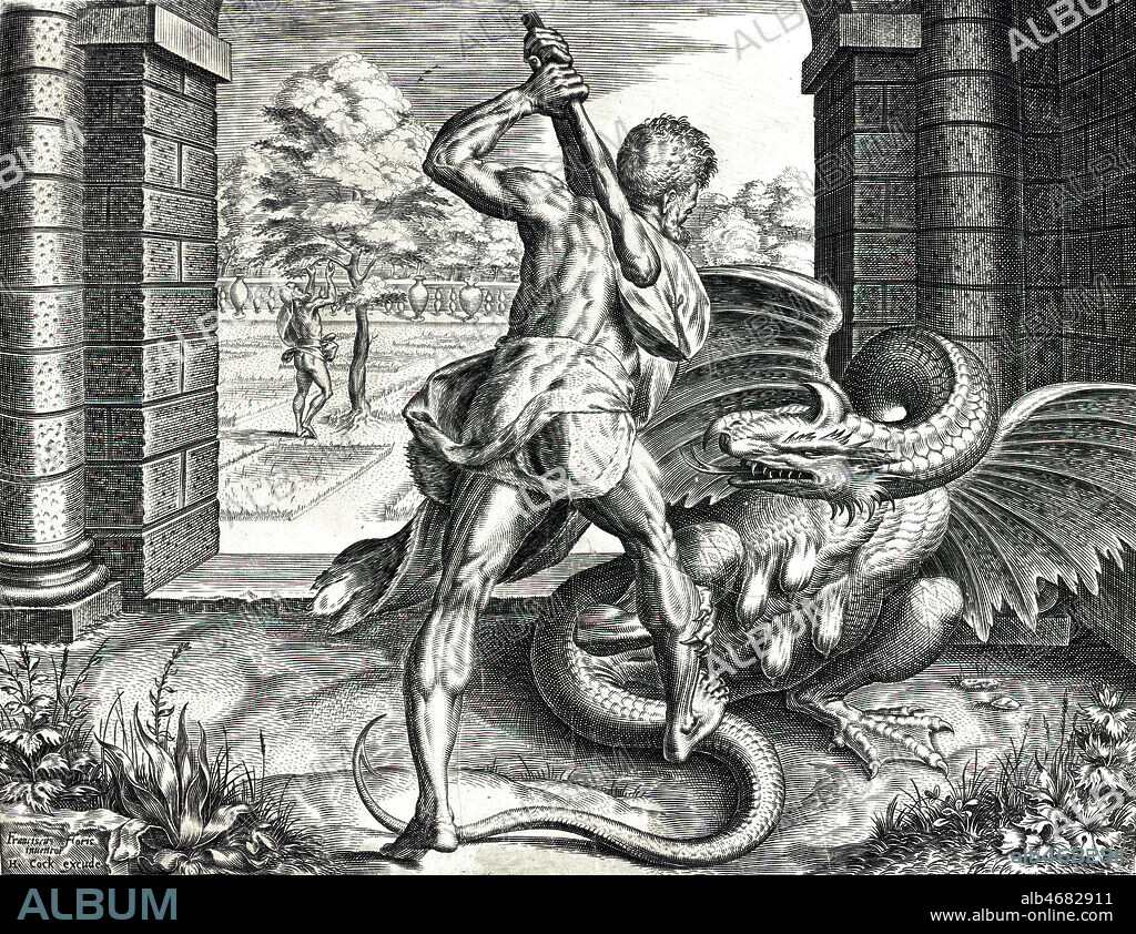 Travaux d'Hercule: HERCULE , travail n° 11: il tue le dragon Ladon , gardien du jardin des Hesperides, pour pouvoir y cueillir les pommes d'or, gravure d'apres un dessin de Franciscus FLORIS, 16eme siecle. Collection KHARBINE-TAPABOR.
