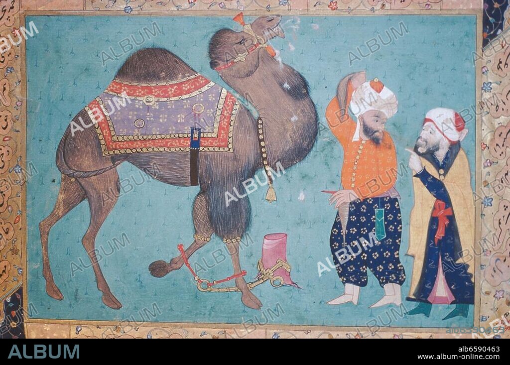 Persian miniature, 17th Century.-Two men before a camel.-Hazine 2165.