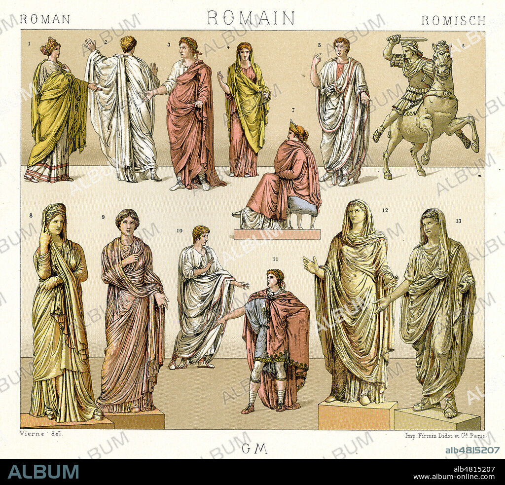 'Romains. Costumes civils, les vetements drapes, le togatus et les dames romaines a l'epoque imperiale, un cavalier combattant'. Planche tiree de l'ouvrage de RACINET (1825-1893) 'Le Costume historique' publie entre 1876 et 1888. Credit : Collection Grob/KHARBINE-TAPABOR.