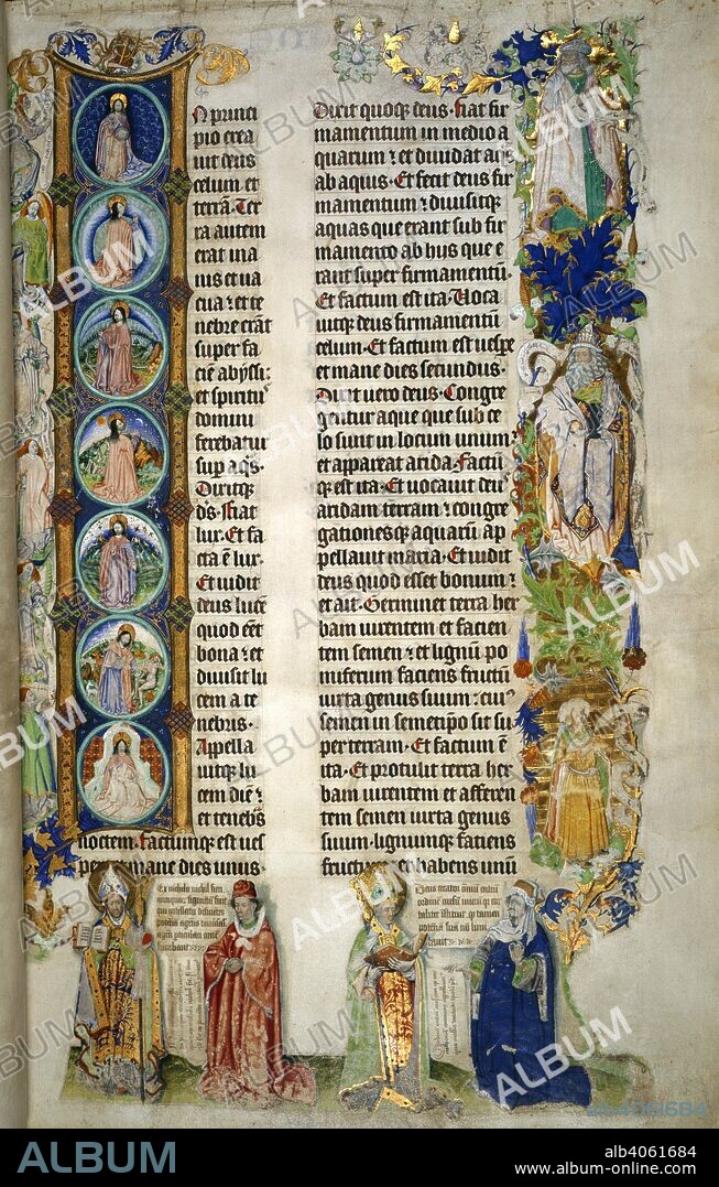 Opening of Genesis. Bible. S. Netherlands; 15th century. [Whole folio] Book of Genesis, beginning with initial 'I', seven roundels of scenes of the Creation, including creation of the firmament; earth and waters; sun and moon; animals; Adam; and God seated, blessing. Borders formed by seven figures  Image taken from Bible.  Originally published/produced in S. Netherlands; 15th century. . Source: Add. 15254, f.13. Language: Latin.