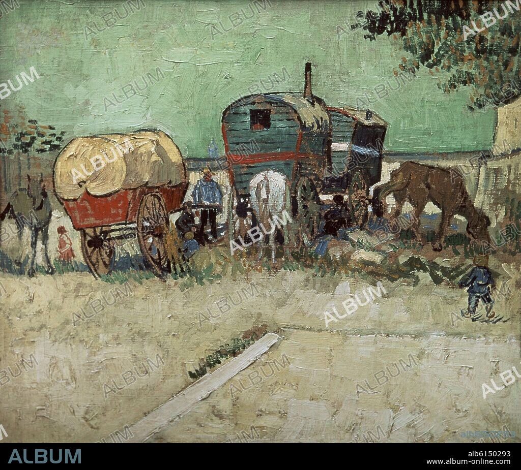 VICENT VAN GOGH (1853-1890). CAMPAMENTO DE GITANOS CON CARROS-SONETO DE BAUDELAIRE"LOS CARROMATOS"- 1888-O/L 45X51 CM.
