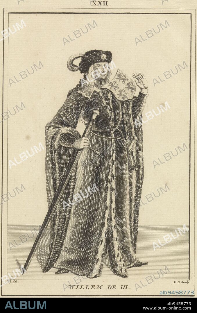 Portrait of William III, Count of Holland and Hainault, standing to the right in a cloak. On his shoulder the coat of arms of Holland and Hainaut and in his hand a sword. Top center: XXII. Portrait of William III, Count of Holland and Hainaut, print maker: Hendrik Spilman, (mentioned on object), intermediary draughtsman: Tako Hajo Jelgersma, (mentioned on object), after: anonymous, Haarlem, 1745, paper, etching, h 192 mm × w 135 mm.