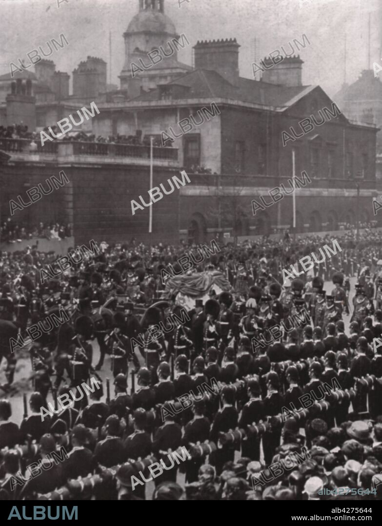 Funeral procession of King Edward VII, Whitehall, London, 20 May 1910. The funeral of King Edward VII of the United Kingdom of Great Britain and Ireland and Emperor of India (1841-1910) was attended by huge crowds, and was the largest ever gathering of European royalty. From "The Illustrated London News", [21 May 1910].
