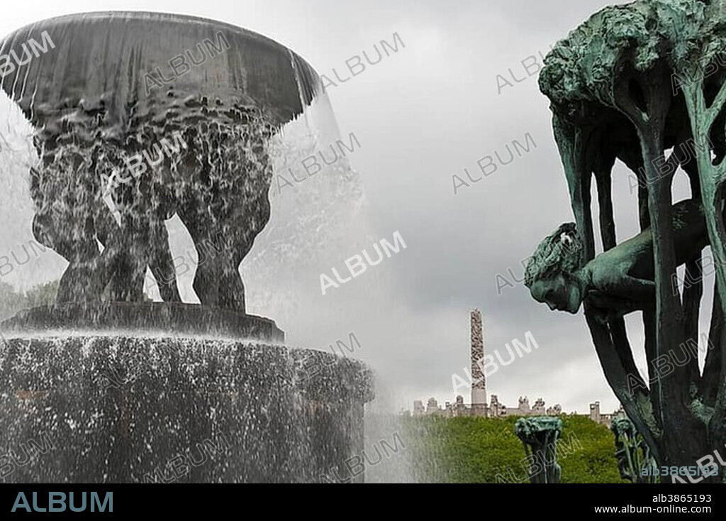 Fountain and "Girl in a Tree", bronze statues by Gustav Vigeland, Vigeland Sculpture Park, Frognerparken, Frogner Park, Oslo, Norway, Scandinavia, Northern Europe, Europe.