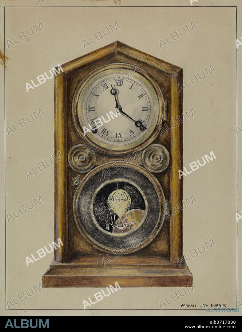 FRANCIS LAW DURAND. Mantel Clock. Dated: 1935/1942. Dimensions: overall: 28.5 x 21.5 cm (11 1/4 x 8 7/16 in.). Medium: watercolor, colored pencil, graphite, pen and ink,and gouache on paper.