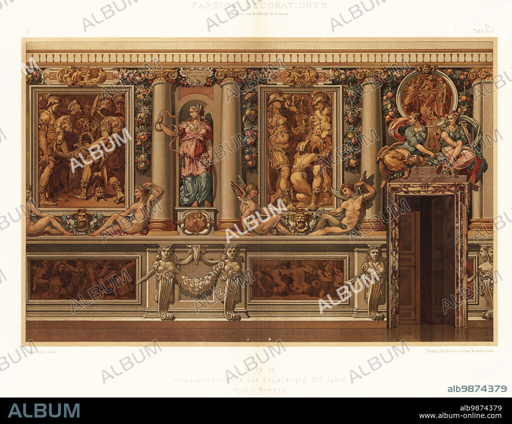Wall paintings by Giulio Romano in the Mausoleum of Hadrian or Castel Sant'Angelo, Rome, 16th century. Wanddecoration in der Engelssburg, Rom, XVI Jahrh. Chromolithograph by G. Neuhaus from Ernst Ewalds Farbige decorationen, alter und never Zeit (Color decoration, ancient and new eras), Ernst Wasmuth, Berlin, 1896.