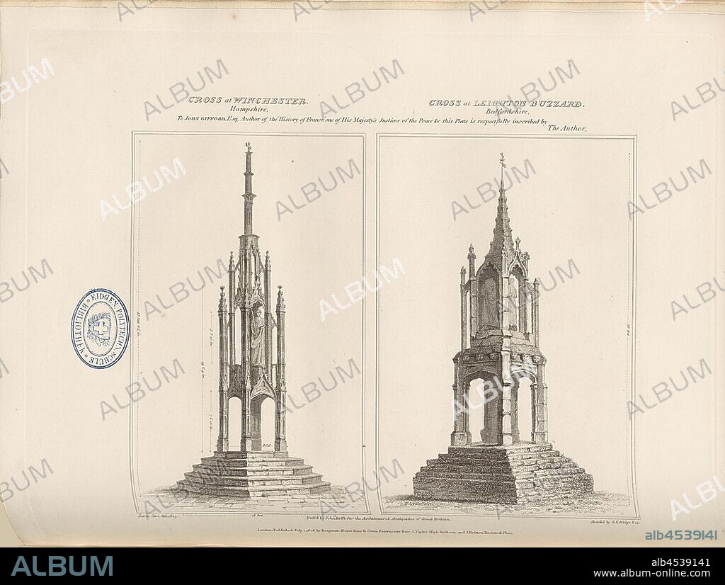 Cross at Winchester, Hampshire and Cross at Leighton Buzzard, Bedfordshire, Market Cross in Winchester and Leighton Buzzard, signed: James Cave del. 1805, Sketch'd by H. Edridge Esq, Etch'd by John Roffe, Fig. 39, p. 20, Edridge, Henry (Sketch); Cave, James (del.), Roffe, John (Etching), 1805, John Britton: The architectural antiquities of Great Britain: represented and illustrated in a series of views, elevations, plans, sections and details of various ancient English edifices: with historical and descriptive accounts of each. Bd. 1. London: J. Taylor, 1807-1826.
