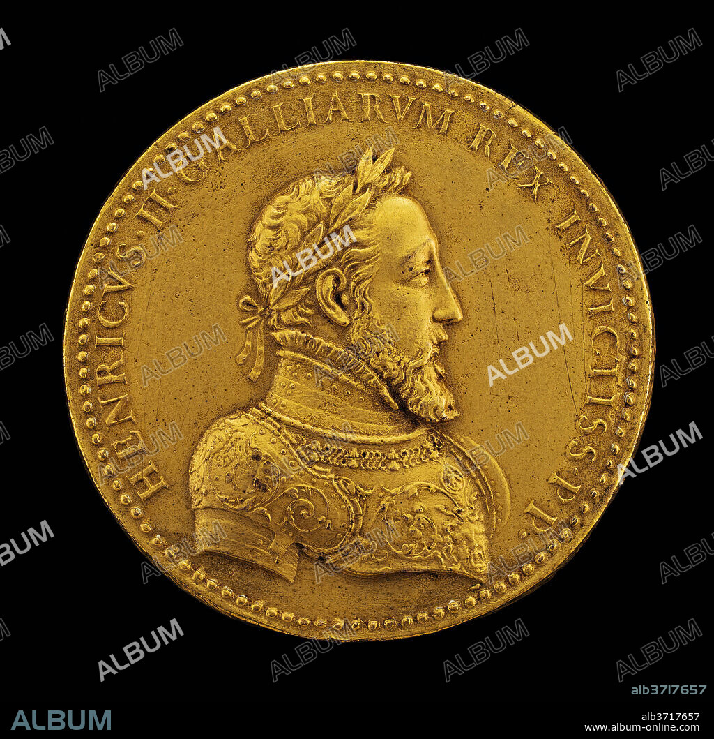 ETIENNE DELAUNE. Henri II, 1519-1559, King of France 1547 [obverse]. Dated: 1552. Dimensions: overall (diameter): 5.72 cm (2 1/4 in.)  gross weight: 47.79 gr (0.105 lb.)  axis: 6:00. Medium: gilded bronze.