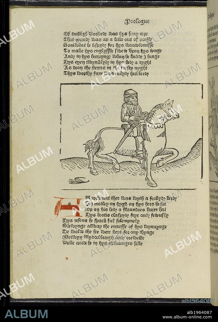 GEOFFREY CHAUCER. Character from the Canterbury Tales. A woodcut of the squire and text from the Squire's Tale. Canterbury Tales. London England. Source: G.11586 a8v. Language: English.