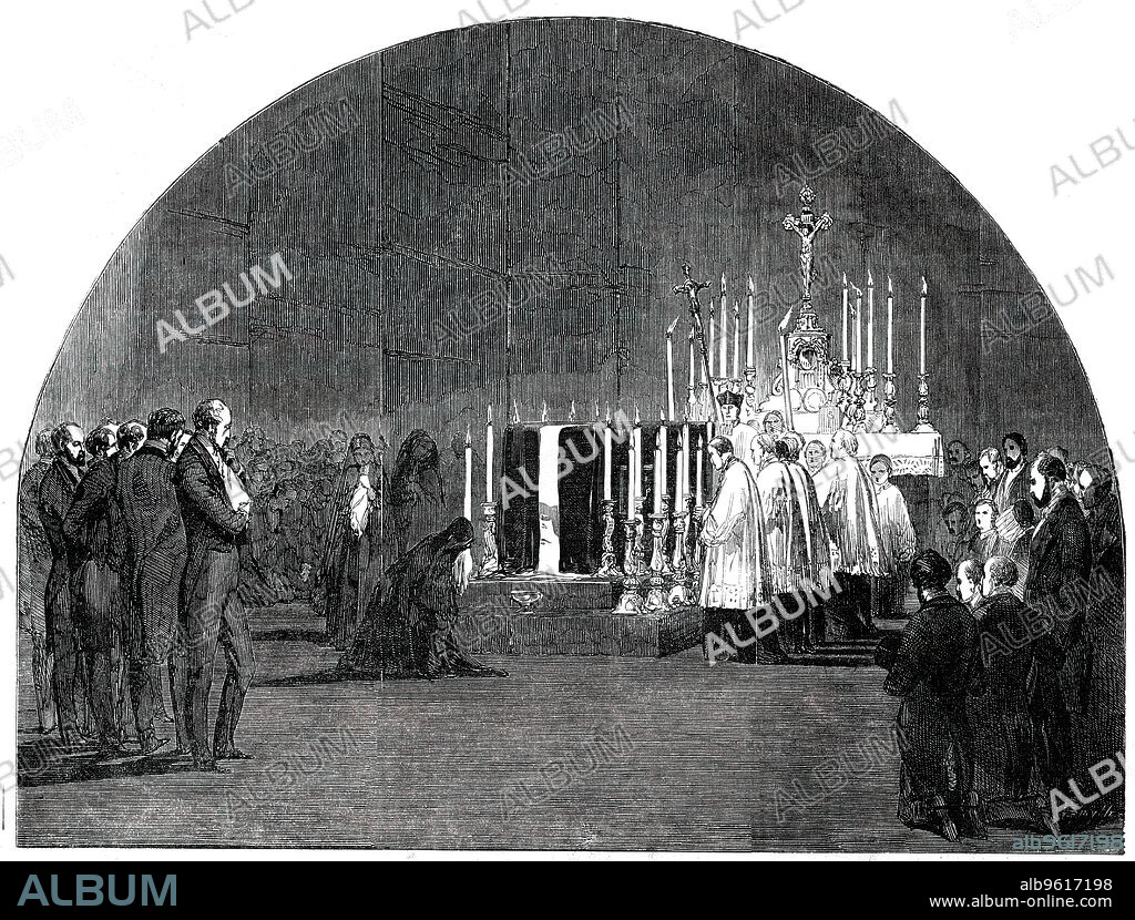 SMYTH. Funeral of Louis-Philippe: the "Chapelle Ardente", at Claremont, 1850. The body of former French king Louis Philippe I lies in state at Claremont, his home in Surrey. 'Soon after Louis Philippe became the occupant of Claremont, a temporary chapel was formed for celebrating the services of the Roman Catholic church...In the centre of the chapel a platform was raised, ascended by two steps, each about half a foot in height, upon which was placed, on trestles, the coffin containing the body of the ex-King. The coffin was surrounded by twenty-four lighted wax tapers, and was covered by a black velvet pall, fringed with silver, and in the centre of which a cross, extending the length of the coffin, was worked in silver. The walls of the chapel were hung with black cloth, and the external light was carefully excluded'. From "Illustrated London News", 1850.