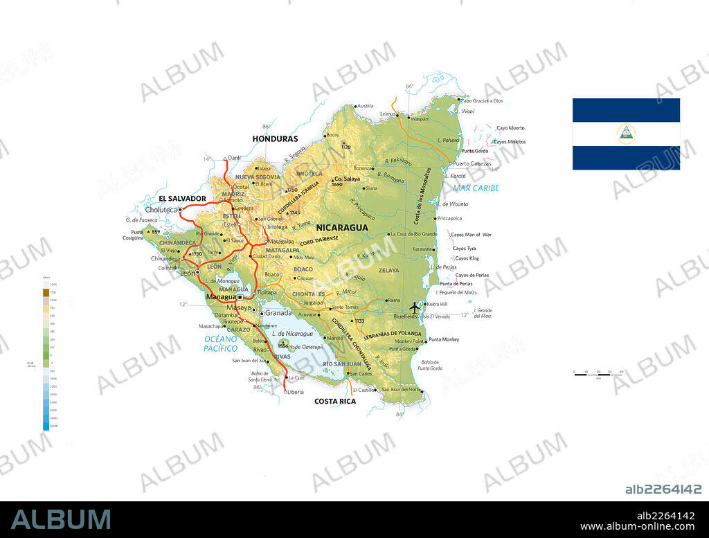 NICARAGUA. Mapa físico y político de Nicaragua.