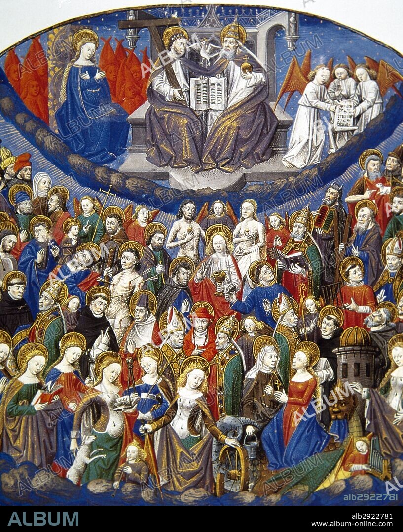 Heavenly court. The Holy Trinity. God as three consubstantial persons. Miniature Roman de la Rose, 15th century. France.