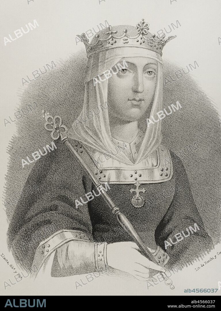 Isabella I (1451-1504). Queen of Castile (1474-1504). Queen consort of Aragon for her marriage to Ferdinand II of Aragon. Portrait. Illustration by Llanta. Lithography. Cronica General de Espa–a, Historia Ilustrada y Descriptiva de sus Provincias. Aragon, 1866.