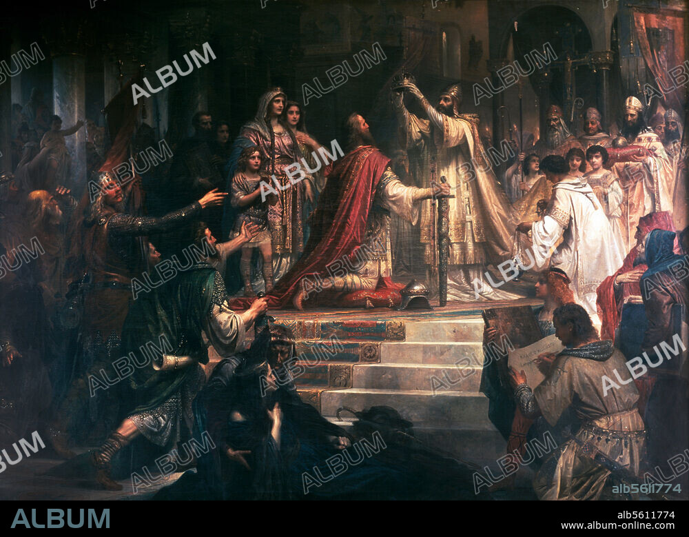 Charlemagne, rois des Francs (768-814), empereur romain (à partir de 800) ; 2.4.747 - Aix-la-Chapelle 28.1.814. "Le sacre de Charlemagne" (par Léon III le 25.12.800 à la basilique Saint-Pierre de Rome). Peinture, 1861, de Friedrich Kaulbach (1822-1903). Munich, Fondation Maximilianeum.