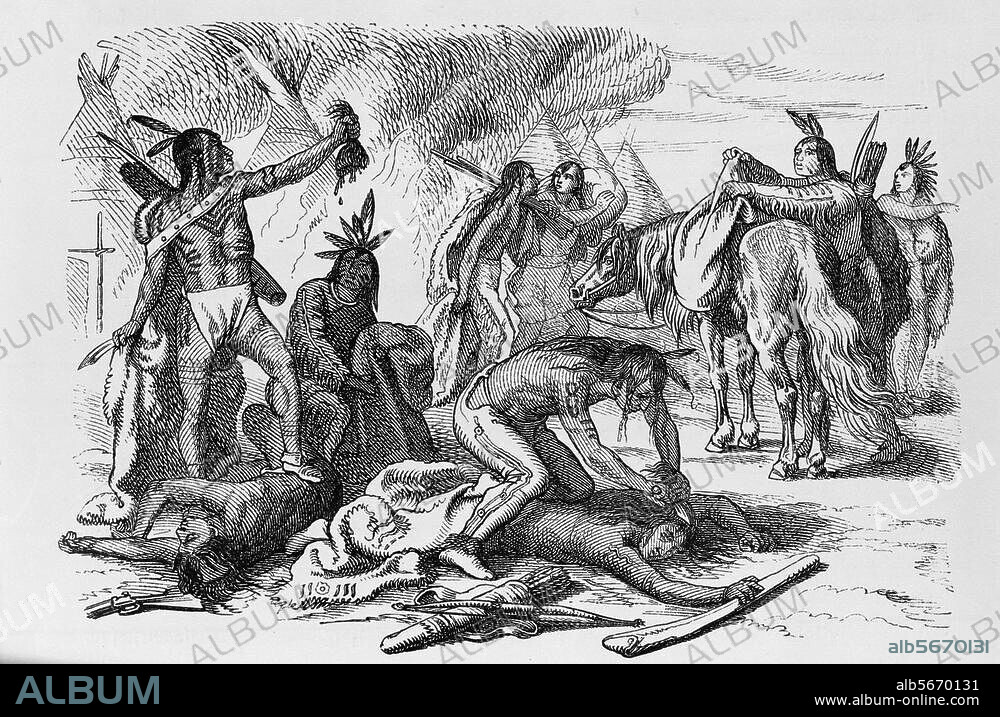 ANONYM. Völkerkunde:. Nordamerika / Indianer. "Das Skalpieren der Feinde". Holzstich. Aus: Ernst von Hesse-Wartegg, Nord-Amerika, seine Städte und Naturwunder, sein Land und seine Leute, Leipzig. (Gustav Weigel) 1885.