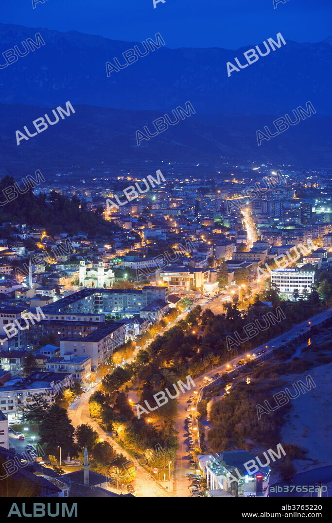 Night view of Berat, UNESCO World Heritage Site, Albania, Europe.