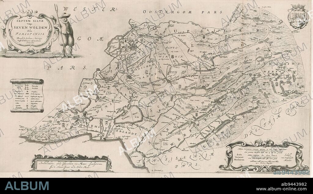 Map of the quarter Zevenwouden, Septem Silvae vulgo Seven Wolden olim forestensis (title on object), Top left title cartouche with next to it a man figure with a pitchfork, below legend. Top right the coat of arms of Zevenwouden, bottom right three scale sticks: Milliare Germanicum commune quorum 15 uni gradui respondent / A gemeene Duytsche myle of 15 in a graedt, Milliare Belgicum sive hora itineris / A Nederlandtsche myle ofte uyre gaens, 1500 perticae regales., print maker: Jacob van Meurs, (mentioned on object), Bernardus Schotanus à Sterringa, (mentioned on object), Sjoerd Aetesz. Haacma, (mentioned on object), print maker: Amsterdam, Friesland, Friesland, Friesland, 1664, paper, engraving, height 366 mm × width 662 mm.