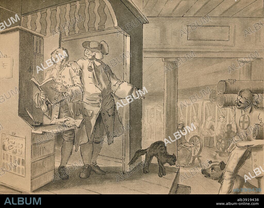 Sketch for Plate IV from 'Industry and Idleness', 1747. The industrious apprentice stands with his master in the counting house. A porter enters, bearing rolls of cloth. From William Hogarth, by Austin Dobson. [Hachette Et Cie, Paris, 1904].