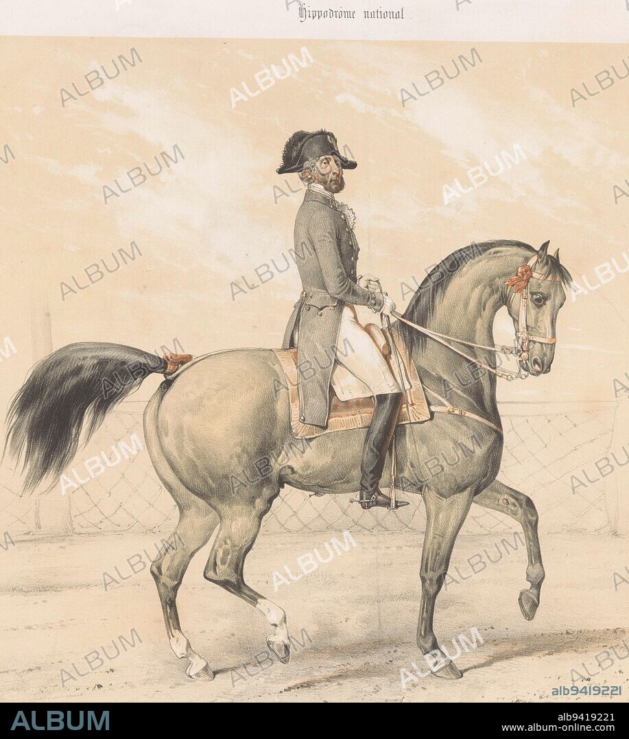 Laurent Franconi riding his mare Norma Laurent Franconi montant la Norma. Horses and riders at the horse track Hippodrme national , print maker: Victor Adam, (mentioned on object), printer: Joseph Rose Lemercier, (mentioned on object), publisher: Henri Jeannin, (mentioned on object), print maker: France, printer: Paris, publisher: Paris, 1841 - 1847, paper, h 390 mm × w 534 mm.