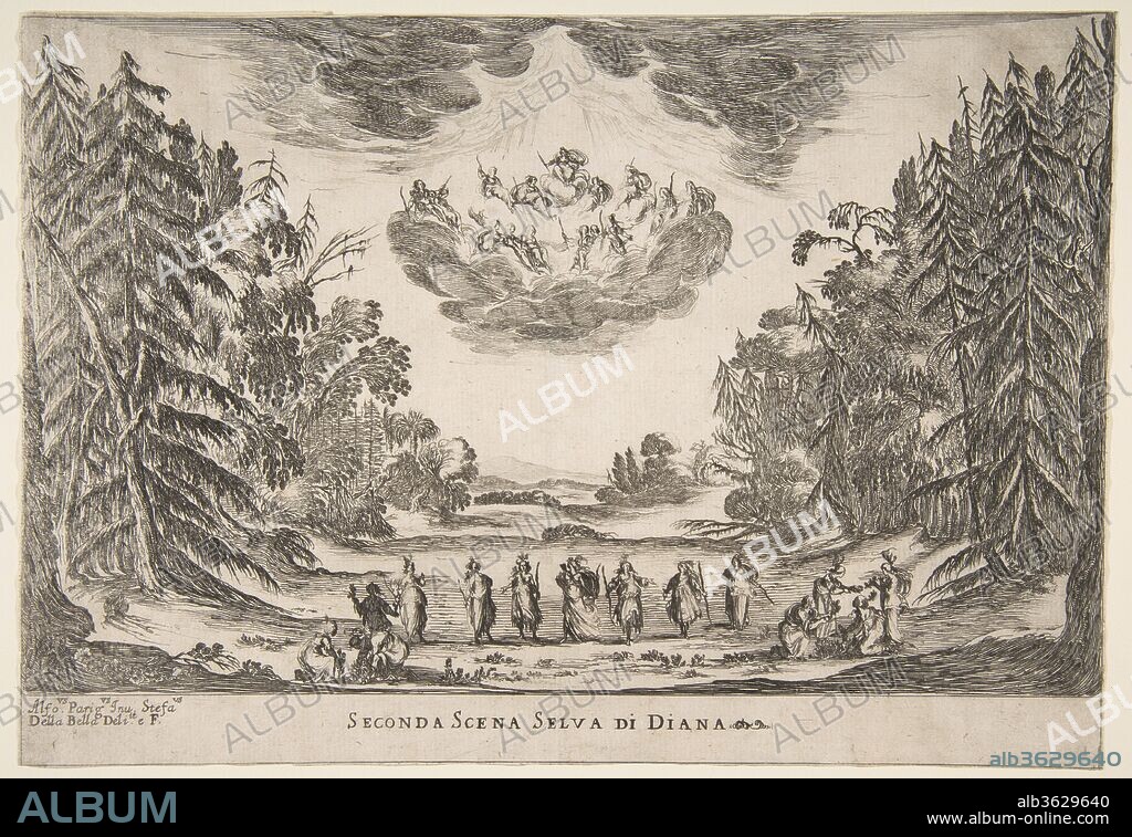 The Wedding of the Gods: Second Scene, Diana. Artist: Etched by Stefano della Bella (Italian, Florence 1610-1664 Florence); After set by Alfonso Parigi (Italian, ca. 1625-1656). Author: Written by Giovanni Carlo Coppola (Italian, 1599-1652). Dedicatee: Dedicated to Ferdinando II de' Medici, Grand Duke of Tuscany (Italian, Florence 1610-1670 Florence). Publisher: Published by Massi & Landi (Florence, first half 17th century). Date: 1637.