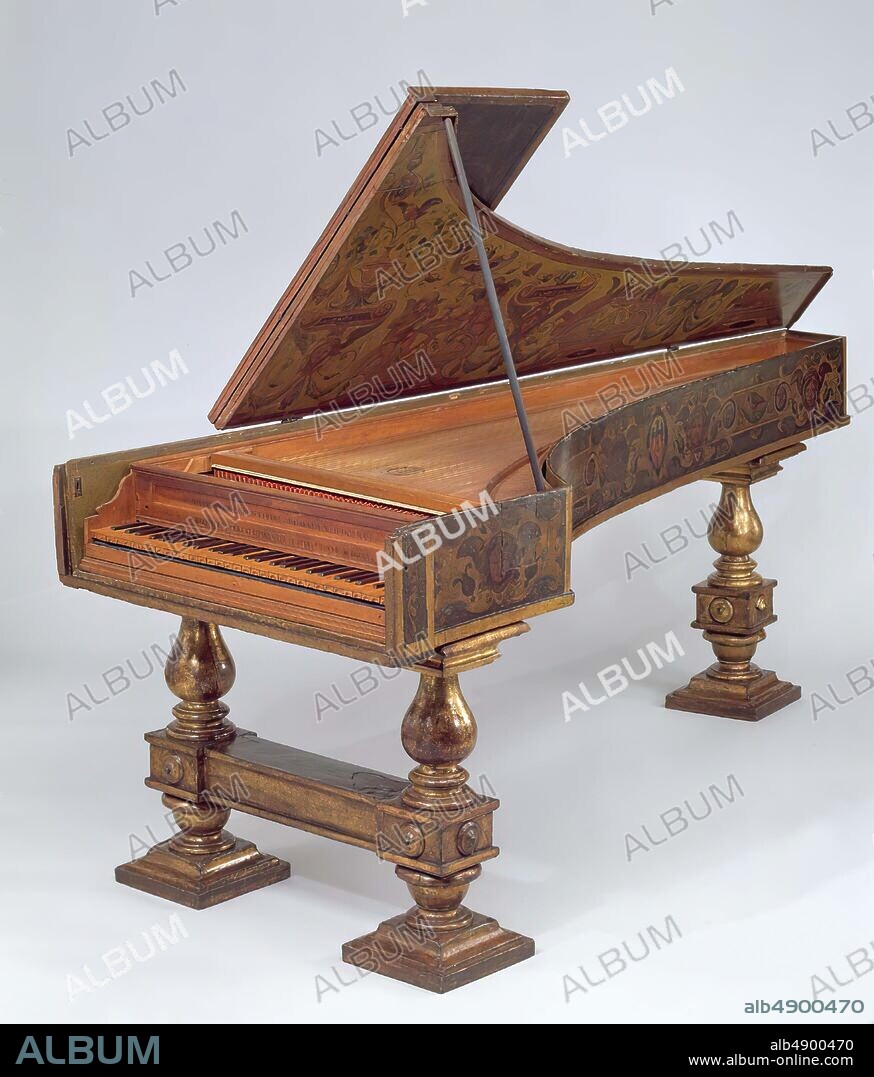 Girolamo Zenti, Harpsichord, Italian, Girolamo Zenti (Viterbo 1609-11?1666/7 Paris), 1666, Rome, Italy, Italian, Cypress, boxwood, ebony, brass, leather, Inner instrument: L. 236.3 cm (93 1/16 in.), W. 84.5 cm (33 1/4 in.), D. 19.6 cm (7 11/16 in.); 3-octave span 49.9 cm (19 5/8 in.), Sounding lengths (longer of pair, close plucking point): AA 188.2 (9.9), c2 28.9 (4.6), f3 9.9 (2.2), estimated original c2 was 29 cm, Chordophone-Zither-plucked-harpsichord.