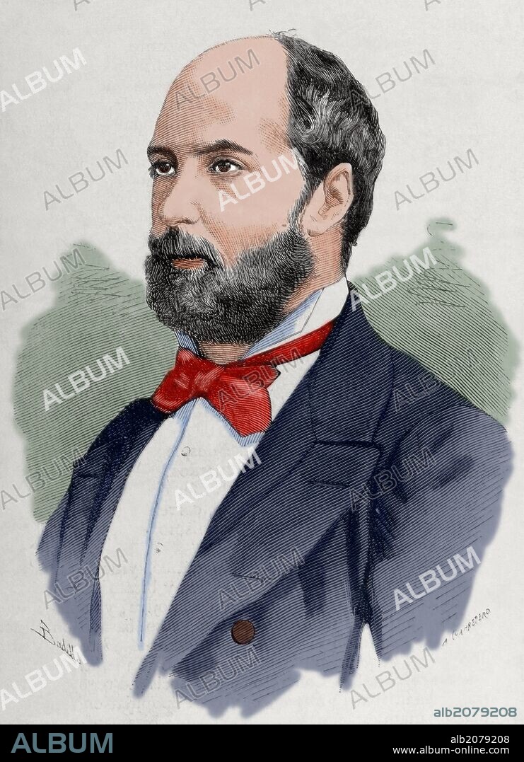 ARTURO CARRETERO Y SÁNCHEZ. VICENTE DE LA HOZ Y LINIERS (1831-1886). Periodista y escritor católica, director del periódico "La Fe", diputado a Cortes en 1872. Grabado por A. Carretero. "La Ilustración Española y Americana", año 1886. Coloreado.
