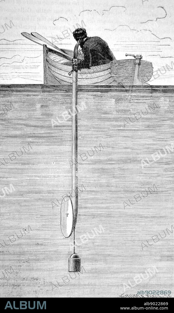 Experiment to measure the velocity of sound in water. These measurements were made in 1841 on Lake Geneva by Jean Daniel Colladon (1802-1893) and Charles Sturm (1803-1855). Timing receipt of sound of a bell rung under water . Engraving from ''Les Nouvelles Conquetes de la Science'' by Louis Figuier, Paris, c1880.