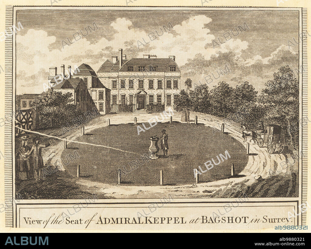 View of Bagshot Lodge, Surrey. Built in the 17th century by Inigo Jones, remodelled in the 1760s by architect James Paine for General George Keppel, Earl of Albemarle. A man stands next to a sundial in the garden. View of the seat of Admiral Keppel at Bagshot in Surrey. Copperplate engraving by Page from William Thorntons New History and Survey of London, published by Alexander Hogg at the Kings Arms, 16 Paternoster Row, London, 1784.