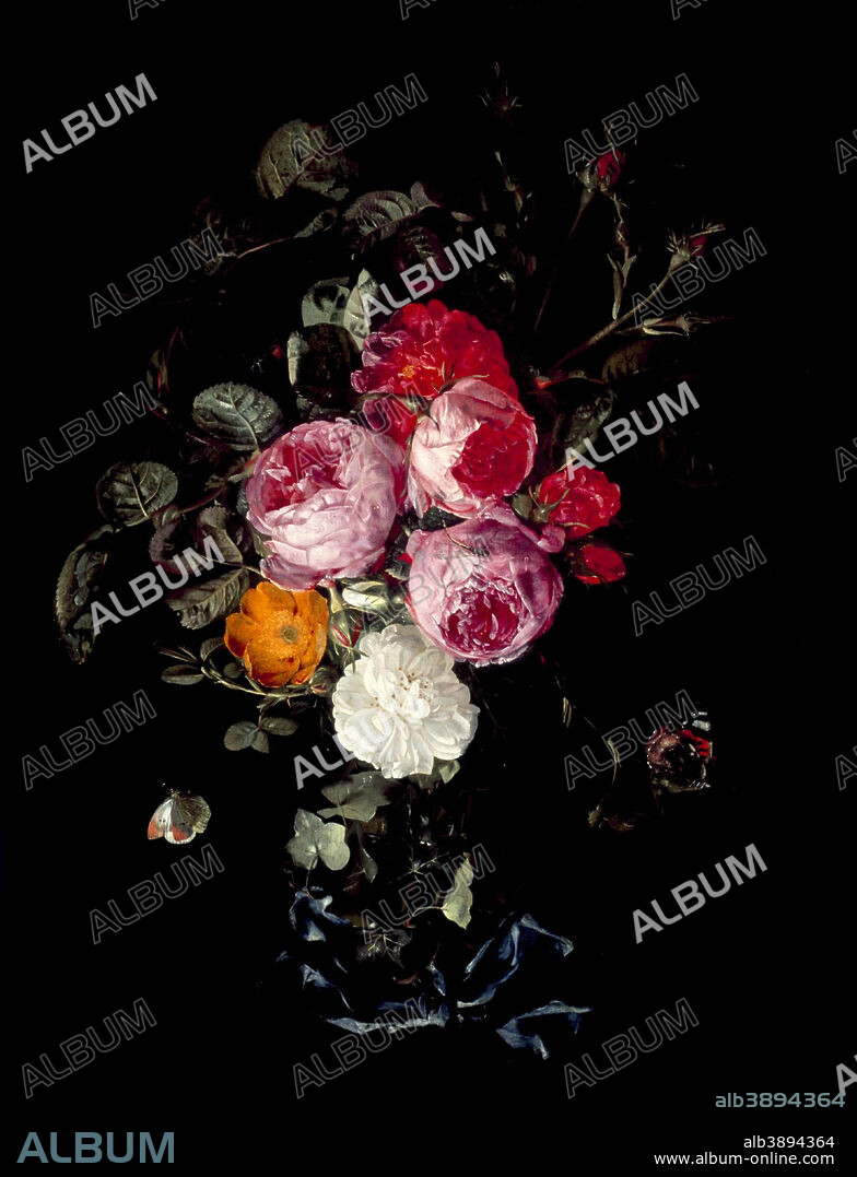 CHRISTIAN LUYCKS. A Festoon of Roses hanging from a Blue Ribbon, with Butterflies and Insects. Painting. Oil on panel oil on panel. Height: 50.20 mm (1.97 in); Width: 38.10 mm (1.50 in).